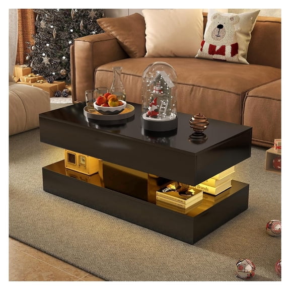 LED Coffee Table, Modern High Gloss Center Table with Storage, 2-Tier Living Room Table with Drawers & Adjustable LED Lights