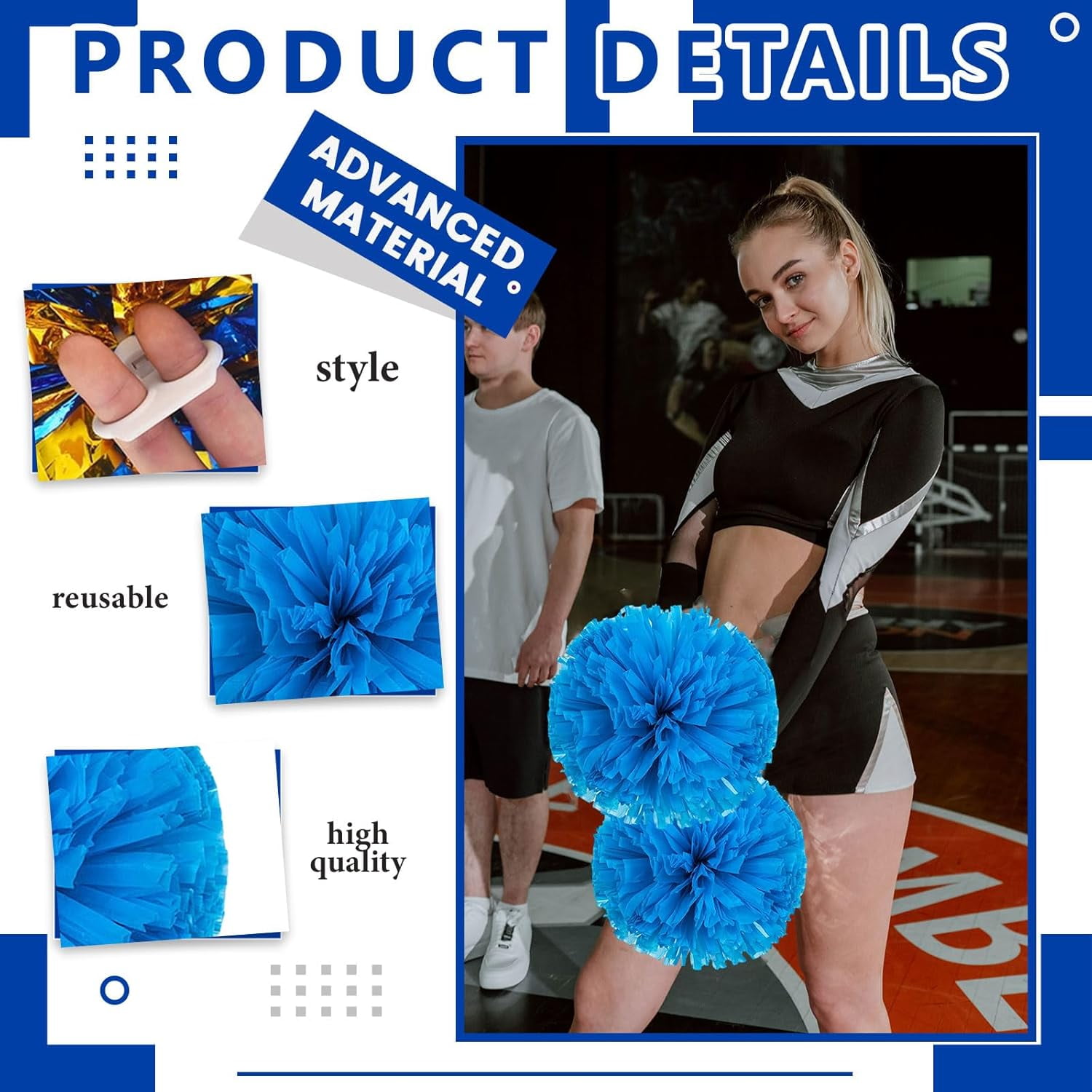 Cheerleader Pom Poms 12 Pack Sports Dance Cheering Plastic Metallic Cheerleading Pom Poms for Kids Adults-Ring Style