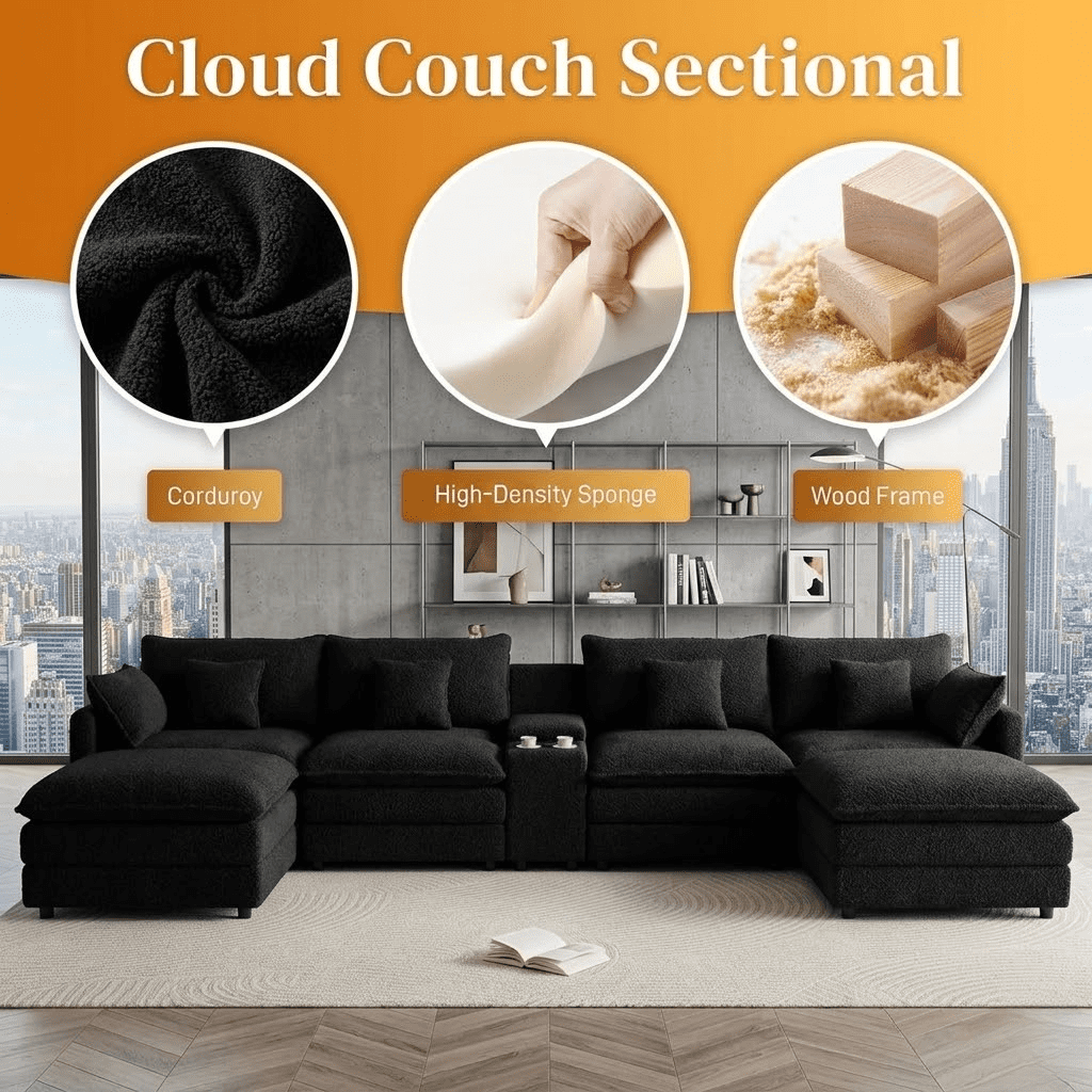 145" U Shaped Cloud Couch Sectional Sofa, Modular Chenille Sectional with Double Chaise, USB Charging, Hidden Storage & Center Console, Deep Seat Comfy Couch for Living Room, Black