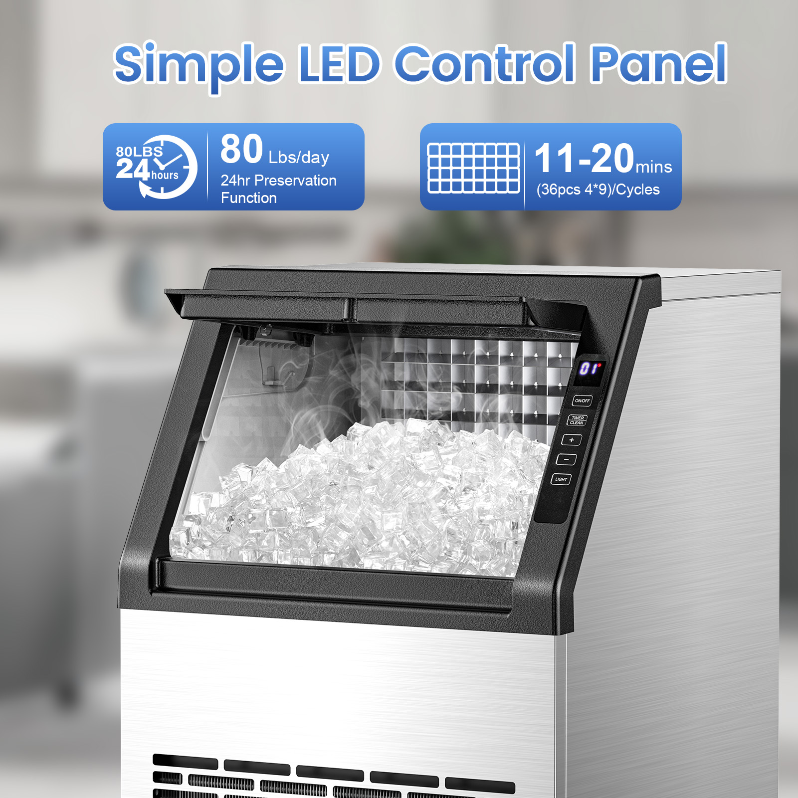 KNDKO 80Lbs/24H Commercial Ice Maker Machine With 22Lbs Ice Storage Capacity, Stainless Steel Ice Machine for Home/Bar/Restaurant