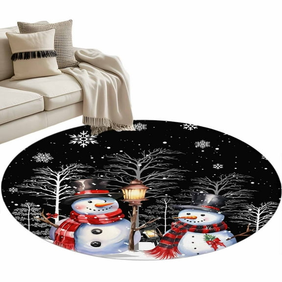 Black Christmas Round Area Rug 3 FT, Small Kitchen Bathroom Mat, Winter Snowman Xmas Tree Snowflake Washable Indoor Outdoor Throw Runner Carpet Non-Shedding Doormat for Table Shower Sofa Entryway