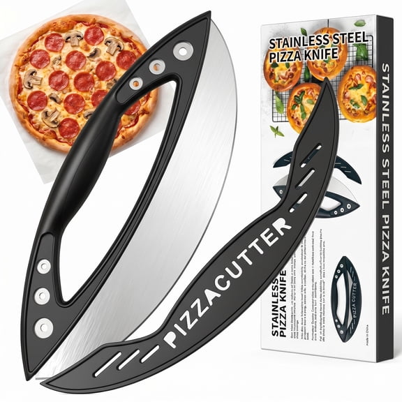 12-Inch Stainless Steel Pizza Rocker Cutter with Protective Cover, Sharp Blade Pizza Knife, Dishwasher Safe, Kitchen Gadget for Home Use, Black
