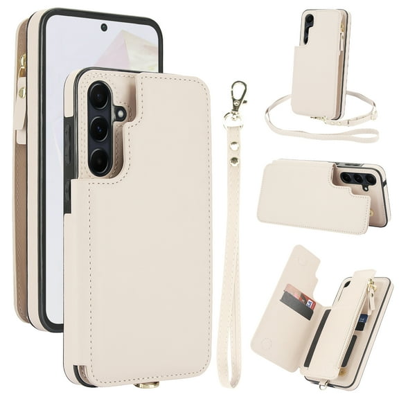 for Samsung Galaxy A54 5G Crossbody Wallet Phone Case with Card Holder&Zipper, Back Flip Folio PU Leather Kickstand Card Slots Double Magnetic Clasp Shockproof Case for Women Girls,White