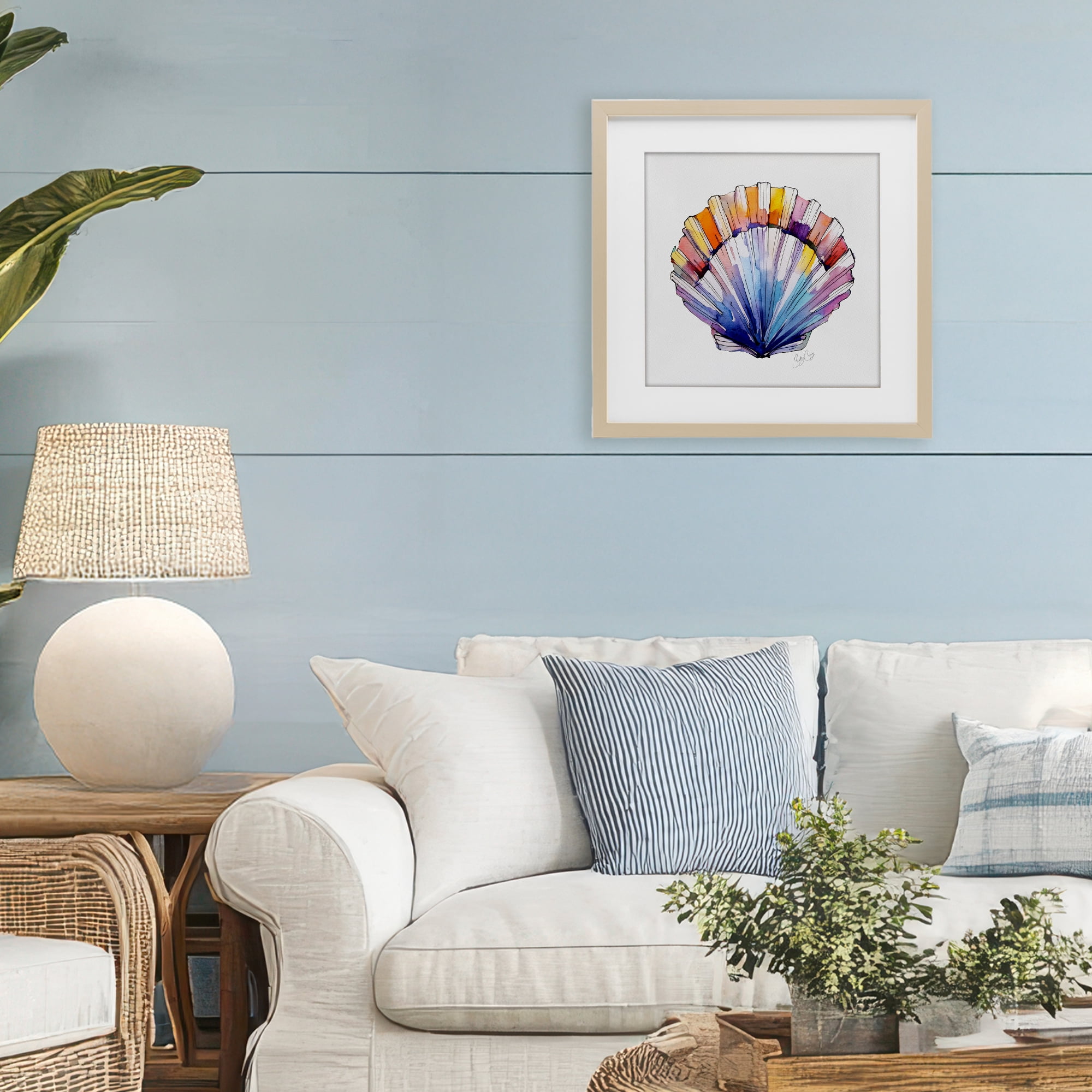 Stupell Industries Coastal Scallop Watercolor Birch Framed Print Under Glass, design by Shelly Craig