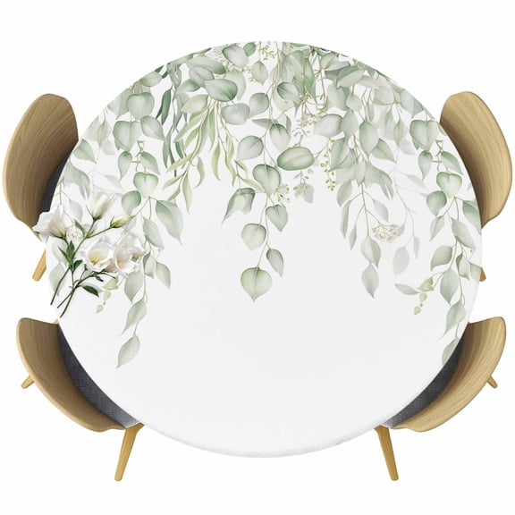 Eucalyptus Leaves Round Tablecloth, Fitted Table Cover with Elastic for 36"-44" Round Tables, Summer Country Leaves Natural Plants Table Cloth Outdoor Indoor Dinning Party Waterproof Tablecloths