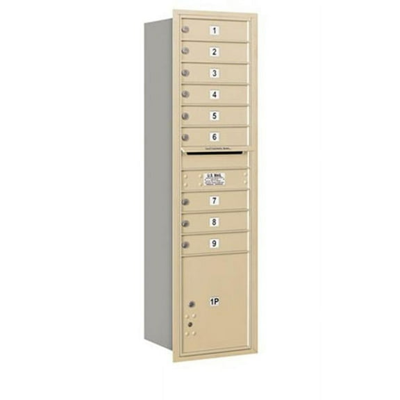 Maximum Height Recessed Mounted 4C Horizontal Mailbox with 9 Doors and 1 Parcel Locker in Sandstone with Private Access - Rear Loading