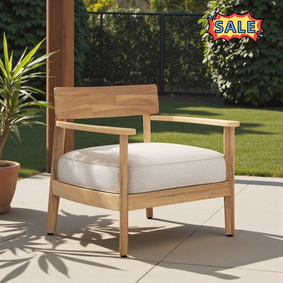 Tcbosik Outdoor Wood Chair with Cushion, Modern Club Chair, Lounge Armchair for Patio, Garden, Deck, Backyard, Teak & Beige