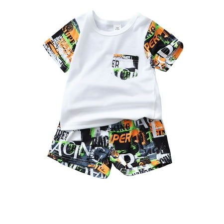 

KIMI BEAR Baby Boys Shorts Outfits 9 Months Newborn Boys Spring Summer Clothes Casual Colored Letter Print Stitching Short Sleeve Top Shorts 2PCs Set 9-12 Months White