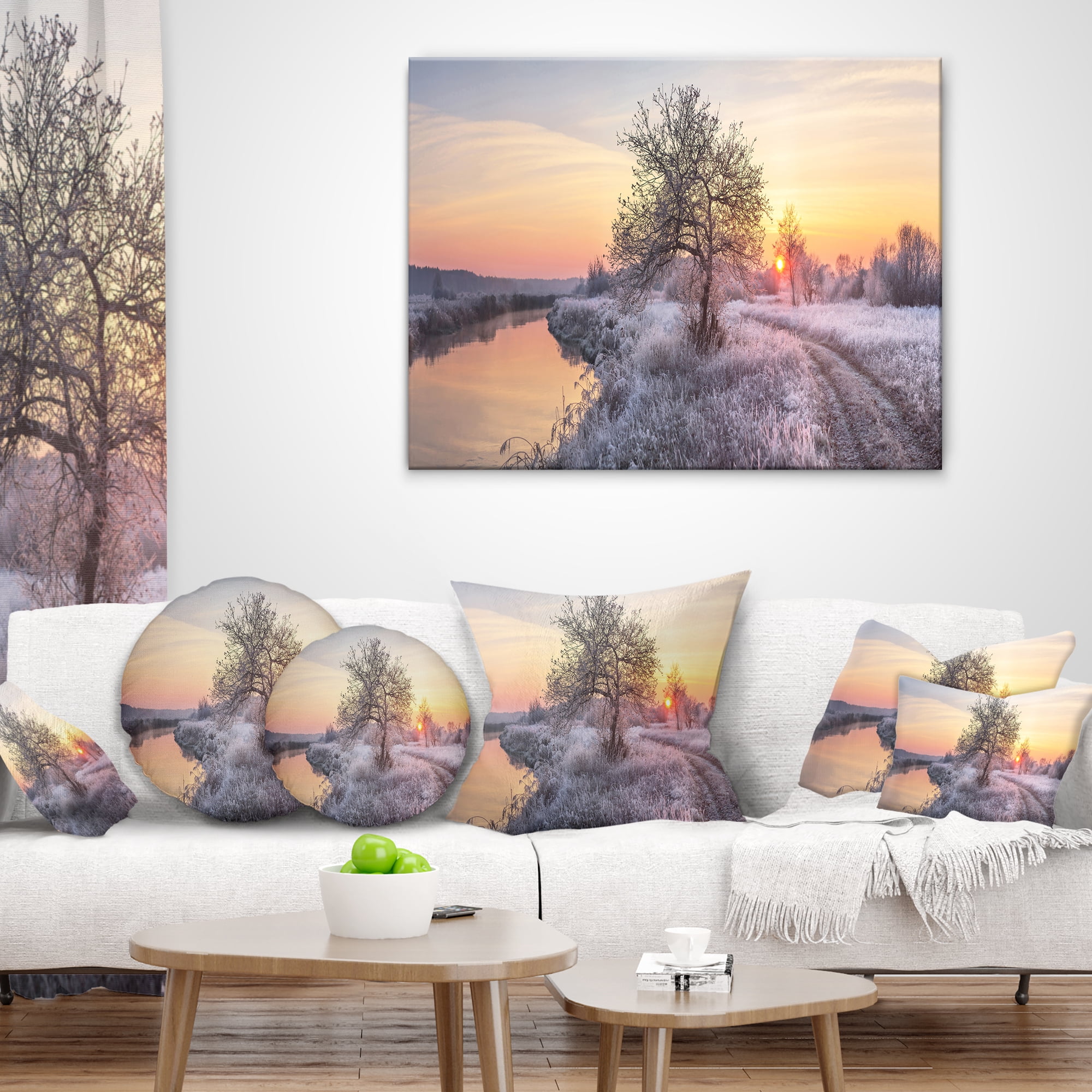 Designart Winter Sunrise over Frosty Field - Landscape Printed Throw Pillow - 18x18