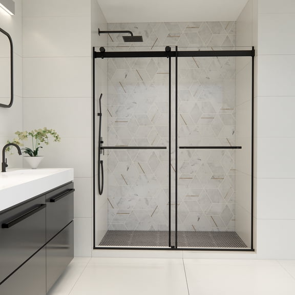 Altair Design Frameless Exposed Roller Shower Door in Matte Black with Clear Glass