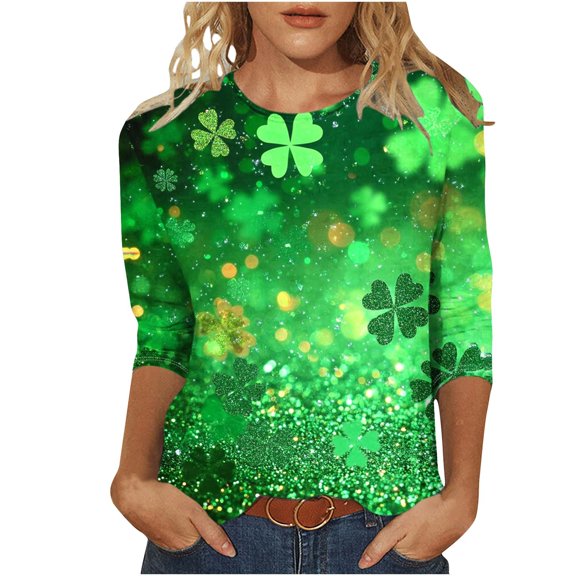 2025 St Patricks Day Tee Shirts for Women Funny Festival Blouse Sparkler Lucky Shamrock Clover Graphic Tees Fashion 3/4 Sleeve Clothes(Green,XXL)