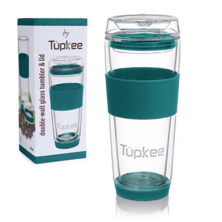 

Tupkee Double Wall Glass Tumbler - 14-Ounce All Glass Reusable Insulated Tea/Coffee Mug & Lid Hand Blown Glass Travel Mug - Cyan