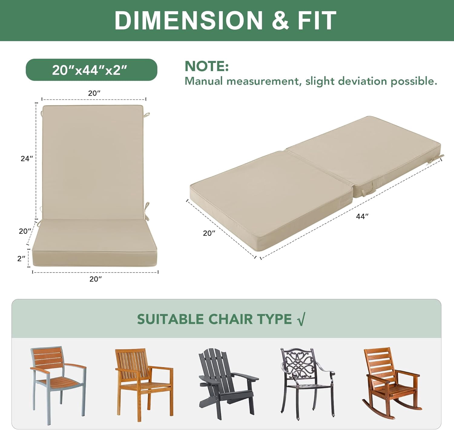 Outdoor Dining Chair Cushions, Water Resistant High Back Patio Seat Cushion Set with Ties, Removable Covers, Non-Slip Bottom for Garden Lawn Patio Furniture, 44 x 20 Inch, Cream