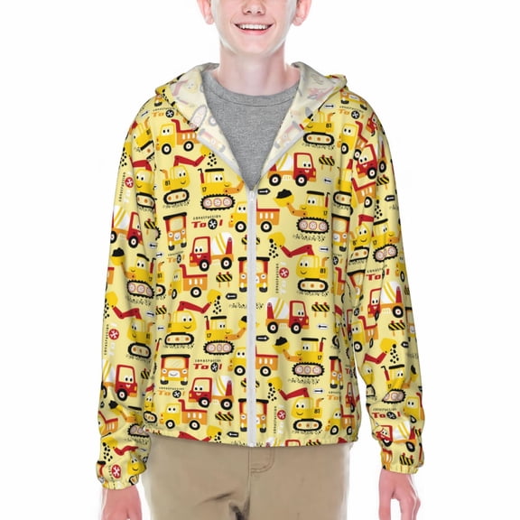 Xecao Funny Construction Vehicles Print Fishing Shirts for teenager Long Sleeve UV Sun Protection Hoodie with Zipper Outdoor Hiking Shirts-Small