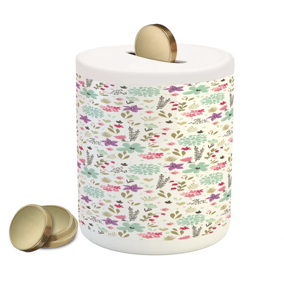 Shabby Flora Piggy Bank, Flowers Floral Romantic Country Nature Leaves Buds Forest Garden Art Image, Ceramic Coin Bank Money Box for Cash Saving, 3.6" X 3.2", Multicolor, by Ambesonne