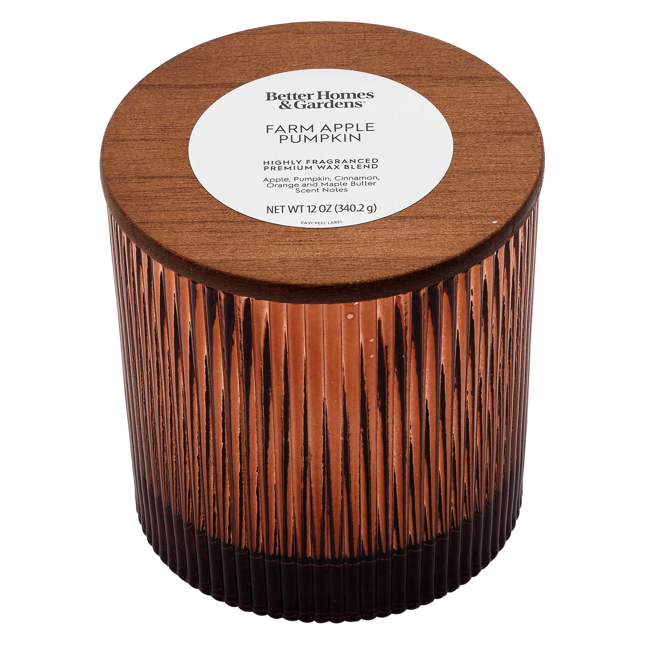 Better Homes & Gardens Farm Apple Pumpkin Scented Cotton 2-Wicks Ribbed Mecury Glass Jar Candle with Wooden Lid 12oz