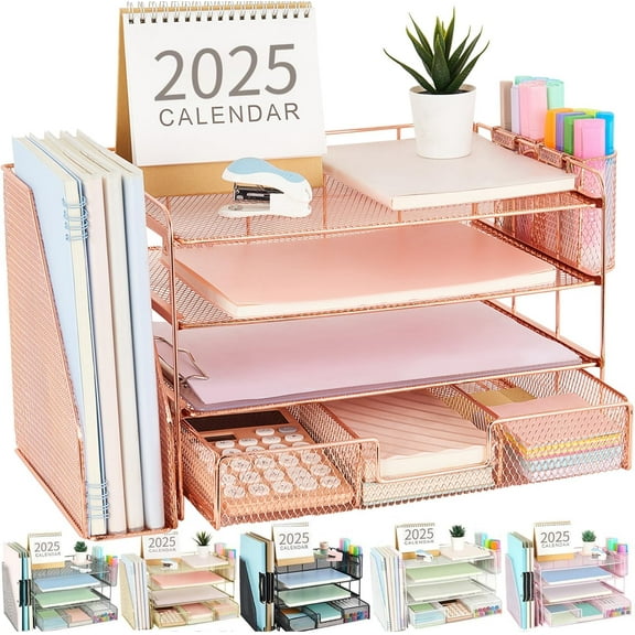 Desk Organizers and Accessories with File Holder, 4-Tier Desk Accessories & Workspace Organizers with Drawer and 2 Pen Holder, Paper Organizer for Office Supplies (Rose Gold)