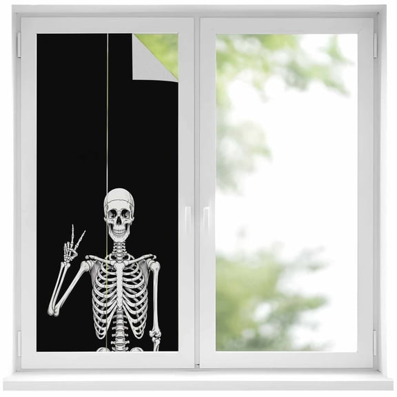 Window Privacy Film Halloween Funny Skull Stained Glass Window Film Decorative Sun Block Window Cover Scary Skeleton Abstract Black Window Clings Static Adhesive Sticker for Bathroom 19.6"x39.3"
