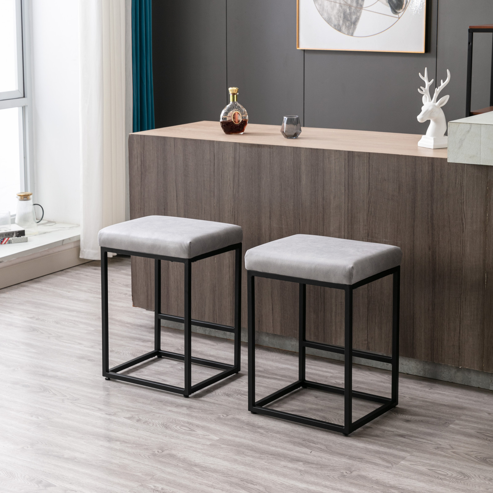 Modern Counter Height Bar Stools 24 PU Leather Upholstered With Metal Modern Counter Height Bar Stools 24 PU Leather Upholstered With Metal