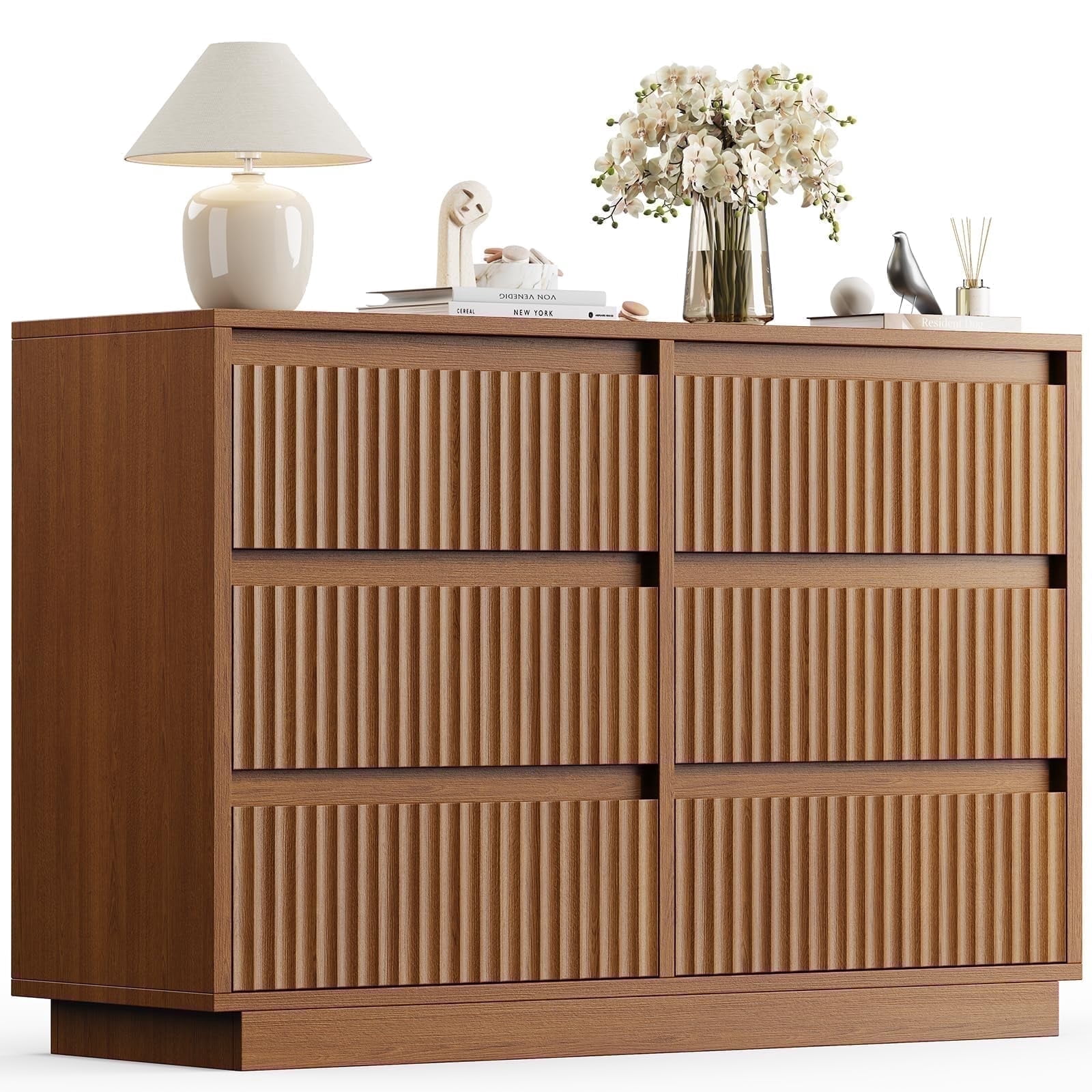 UPGO 44.8'' Fluted Dresser for Living Room, Bedroom, Hallway, Entryway with Deep 6 drawers, Wooden Dresser