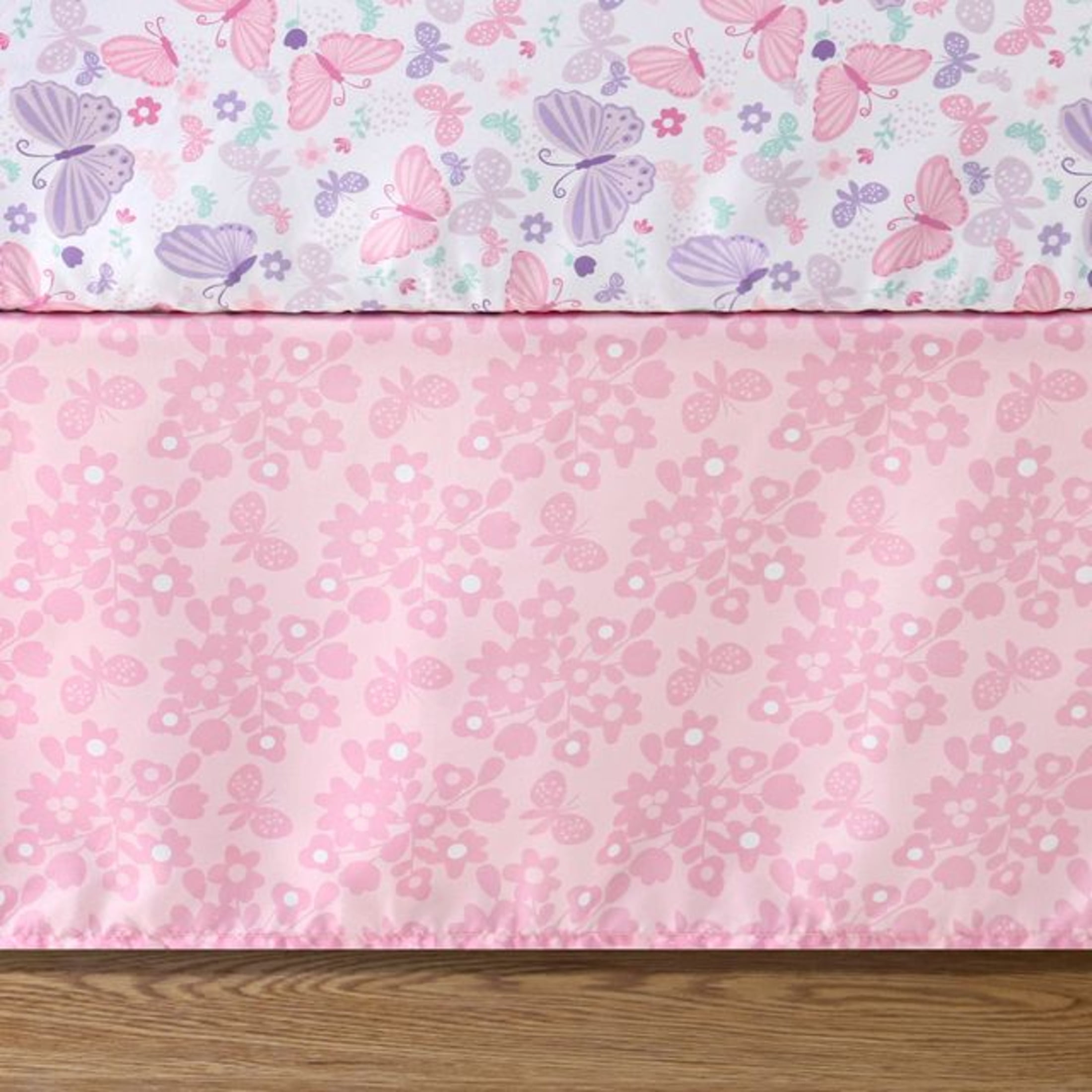 The Peanutshell Pink and Purple Butterfly Song Crib Bedding Set for Baby Girls, 3 Piece Nursery Set