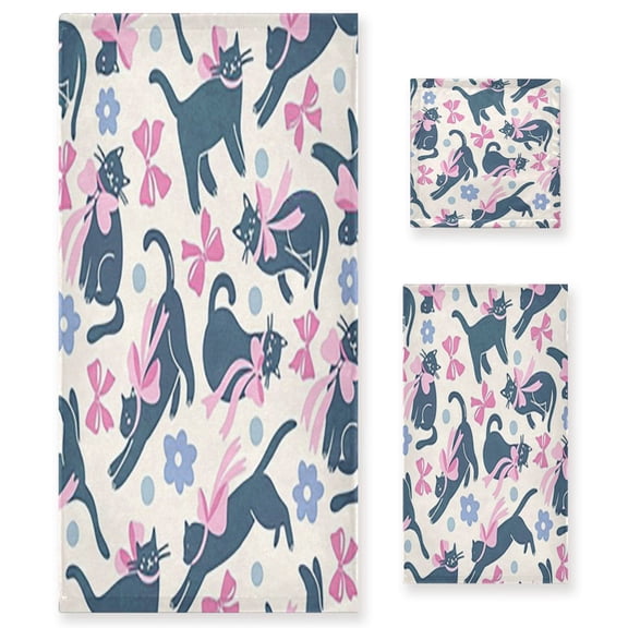 BZSMCE 3piece Bath Towel Sets Hand Bath Towels Fashion Black Cat Bow Printed Towel Sets