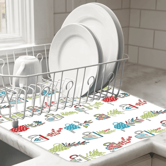 HERBAL CUPS Microfiber Countertop Dish Drying Mat, Machine Washable by Kay Dee