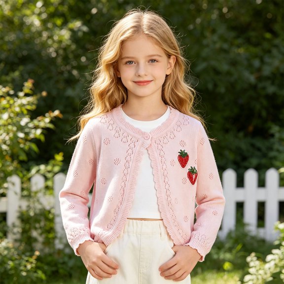 Girls Knit Cardigans Long Sleeve Solid Color Tops Lightweight Shawl Sweater Air Conditioner Cover Up for Kids Size 3-4Y