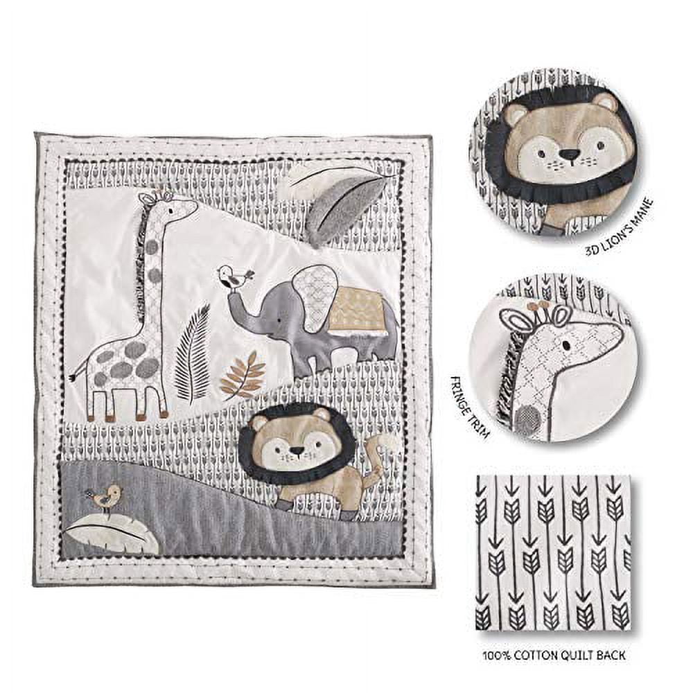 Levtex Baby - Tanzania Crib Set - Baby Nursery Set - Charcoal Cream Tan - Jungle - Giraffe Lion Elephant - 5 Piece Set Includes Quilt, Fitted Sheet, Diaper Stacker, Wall Decal & Bed Skirt/Dust Ruffle