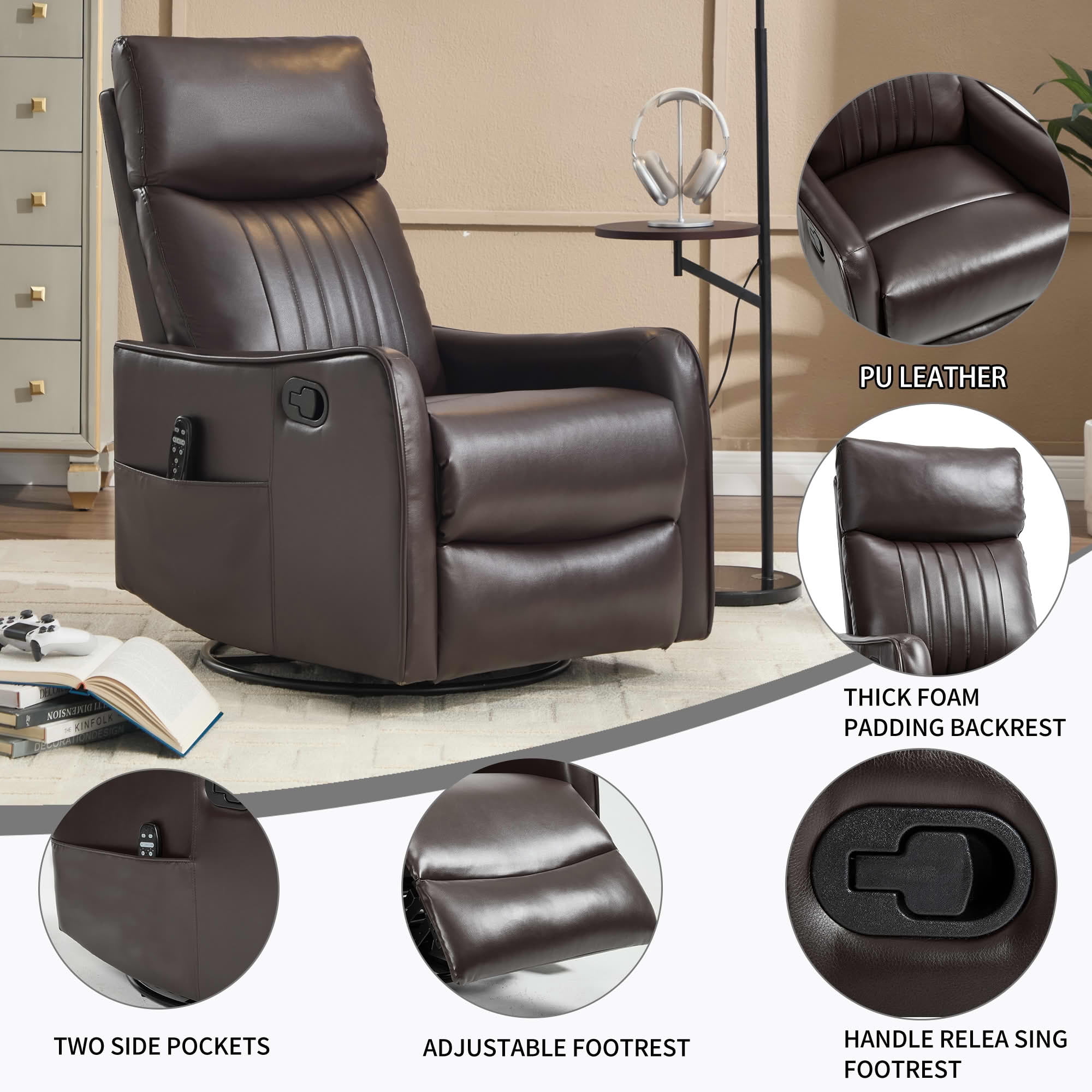 MAYEERTY 360° Swivel Rocker 155° Recline Faux Leather Heat Massage Recliner Chair for Living Room, Black