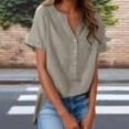 thumbnail image 6 of Women Blouses Plus Size Sawvnm Women's Linen Inspired V-Neck Buttoned Half-Open Front Fashion Solid Color Short Sleeve T-Shirt Top Blouses for Women Gray M, 6 of 6