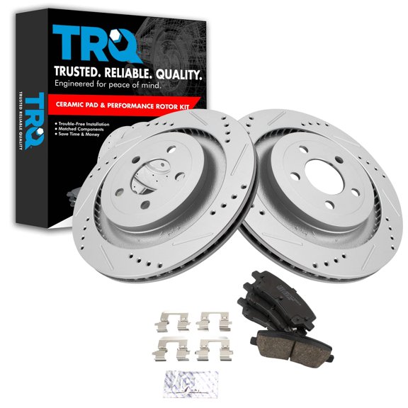 TRQ Rear Performance Brake Pad & Rotor Kit Brake Pads Brake Rotors Set Ceramic Premium G-Coated Fits Select 2015-2021 Ford Mustang
