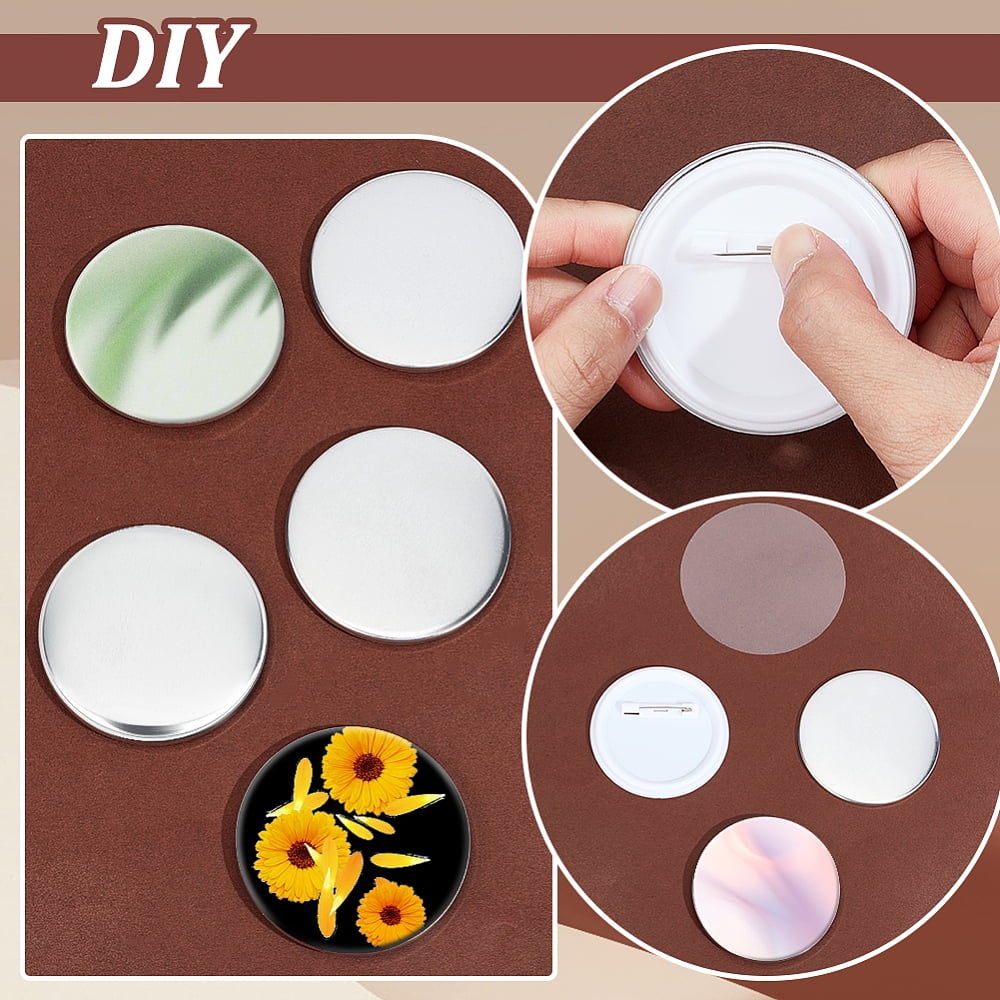 100 Sets Button Maker Supplies 2.28 Inch/ 58mm Pin Back Button Parts Includes Metal Cover Plastic Pin Backs Plastic Clear Film