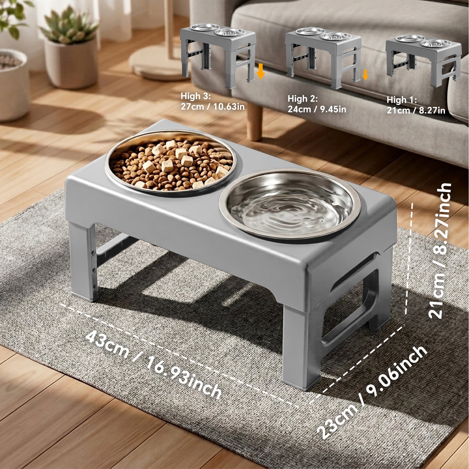 Elevated Dog Bowls Stand with Slow Feeder and 2 Stainless Steel Dishes, Height Adjustable Non-Slip Base Raised Pet Feeder for Most Sizes, Gray