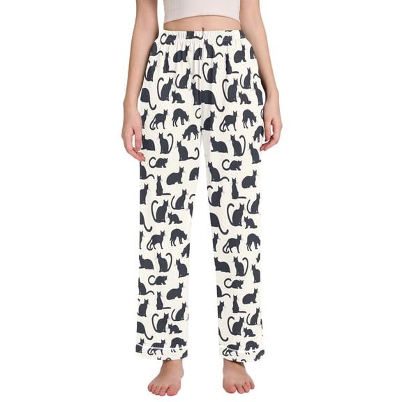 Dailycode Women's Pajama Pants Wide Leg Lounge Pj Bottoms With Pockets Cute Cat Silhouettes