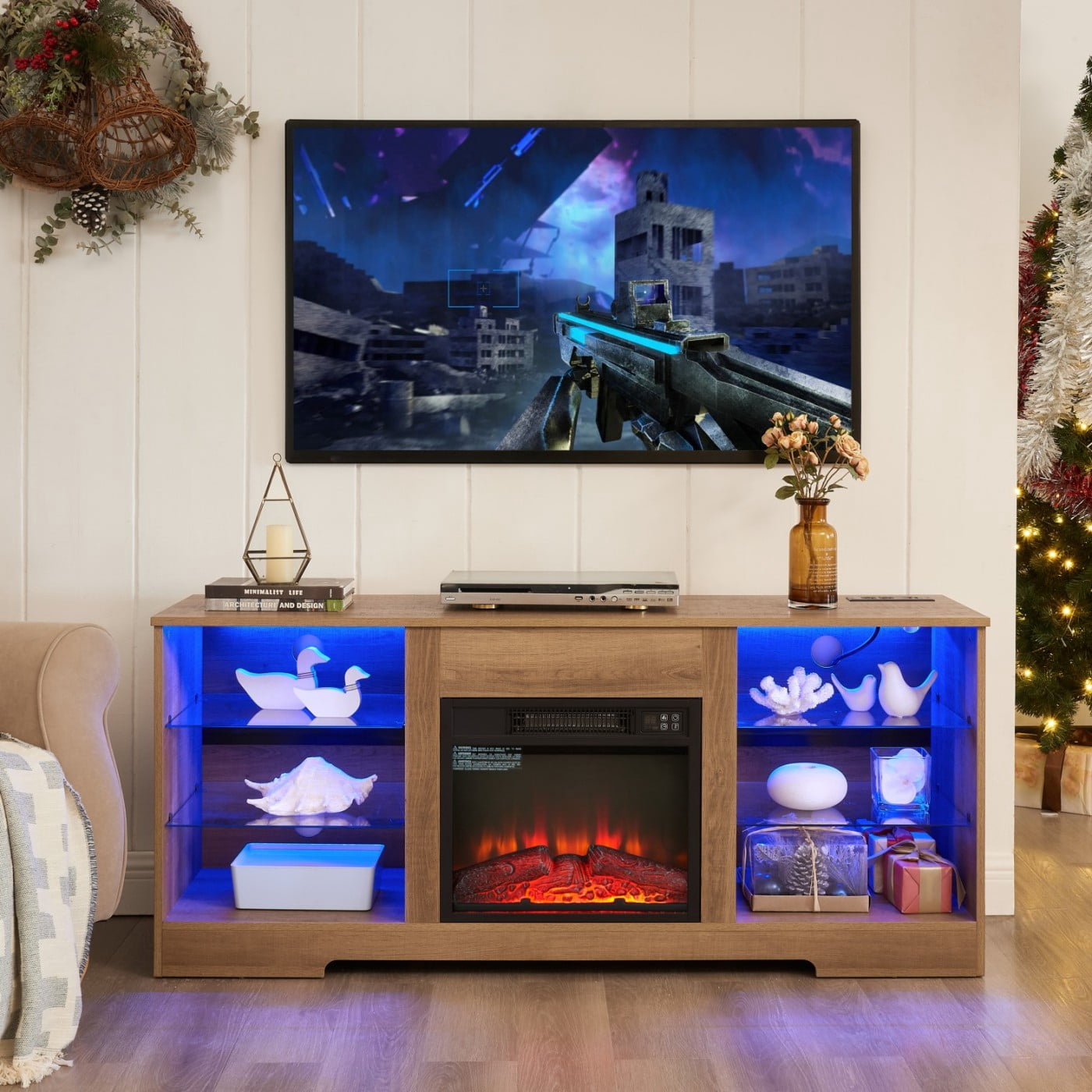 Electric Fireplace TV Stand for 65 Inch TV, 58" Modern Entertainment Center with LED Lights & Glass Shelves, 3D Flame Media Console with Storage Cabinet USB Charging Outlet, Oak