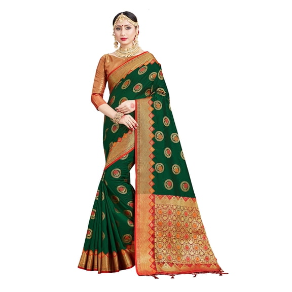 Sarees for Women Banarasi Art Silk Woven Sari - Indian Ethnic Gift Diwali Festival Saree with Unstitched Blouse Green