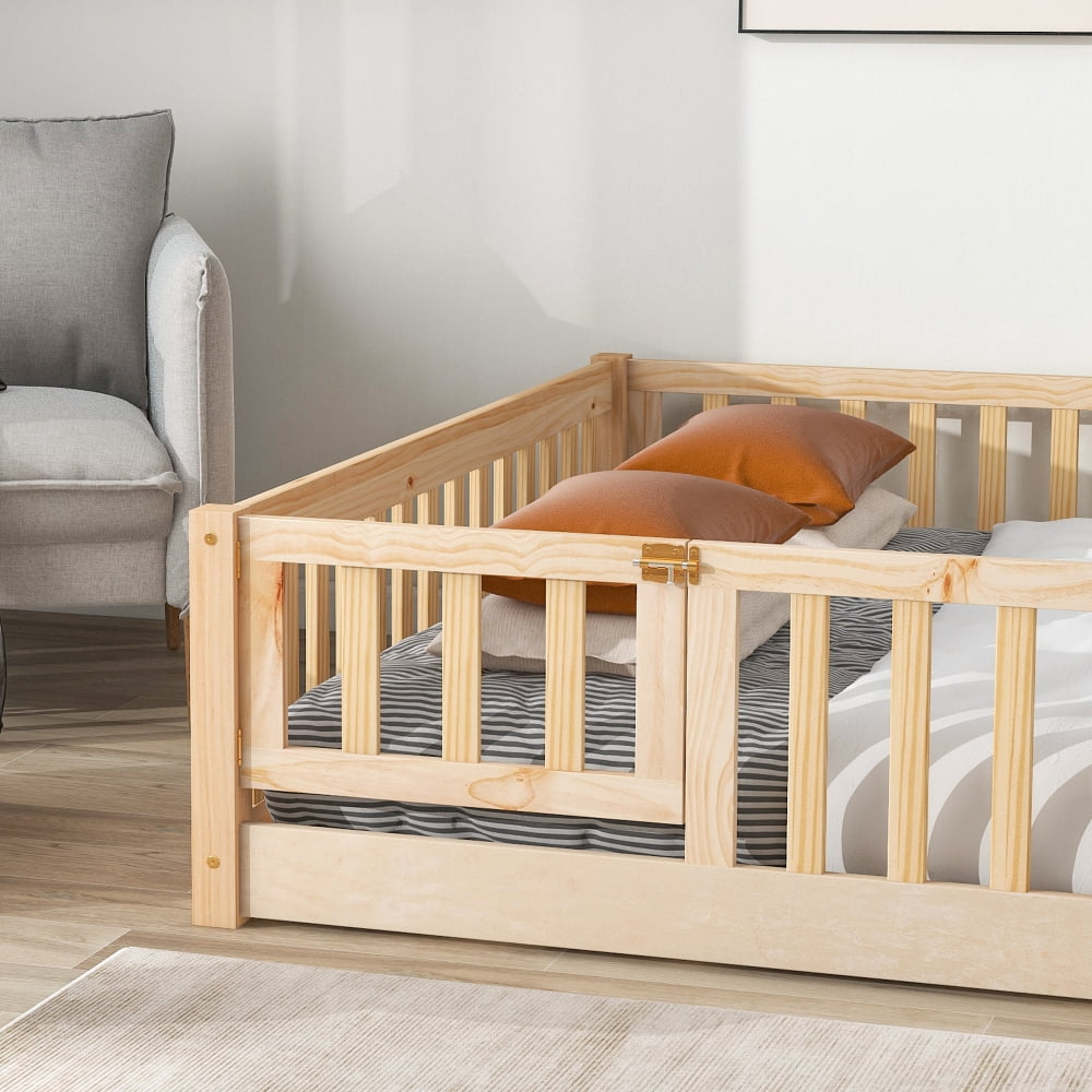 Queen Size Floor Platform Bed with Safety Fence Guardrails and Door, Durable Montessori Floor Bed with with Wood Slats, Floor Height Queen Bed Frame for Kids Boys Girls and Teens, Natural