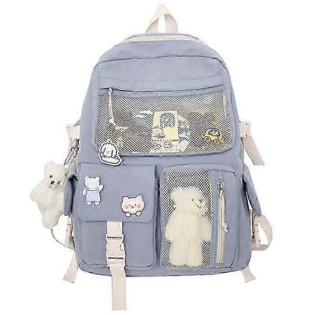 Mochila Kawaii con lindos accesorios de alfiler, colgante de peluche, mochila escolar Kawaii, mochila estética linda