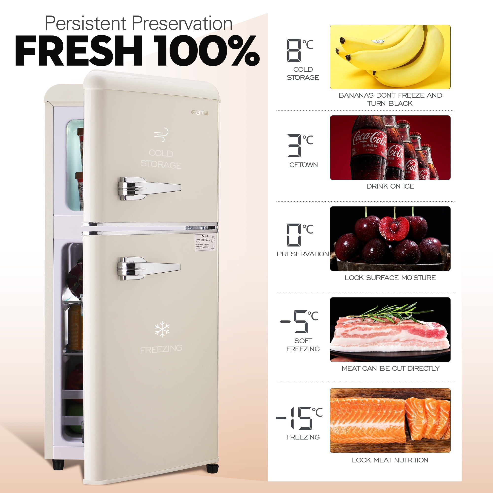 GGTB 3.0 Cu. Ft. Retro Mini Fridge with Freezer, Cream 2-Door Compact Refrigerator for Bedroom, Dorm & Office, Adjustable Temperature, Quiet Operation, Vintage Style Small Fridge