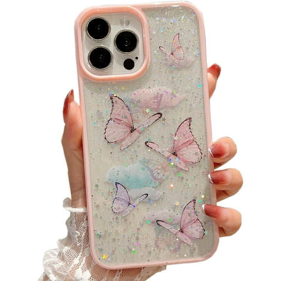 case for iPhone 13 Pro Max Case Cute Glitter Butterfly Print iPhone 13 Pro Max Phone Cases for Women Girls Soft TPU Clear Sparkle Trendy Shockproof Bumper 5G 6.7 Inch (Pink)