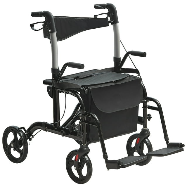 VEVOR Déambulateur 2 en 1 et Fauteuil de Transport pour Aînés, Déambulateur Roulant Pliant Fauteuil Roulant Combo et Repose-Pieds, Déambulateur Léger avec Poignée Ajustable, Roues Tout-Terrain, 300 Lb, Noir