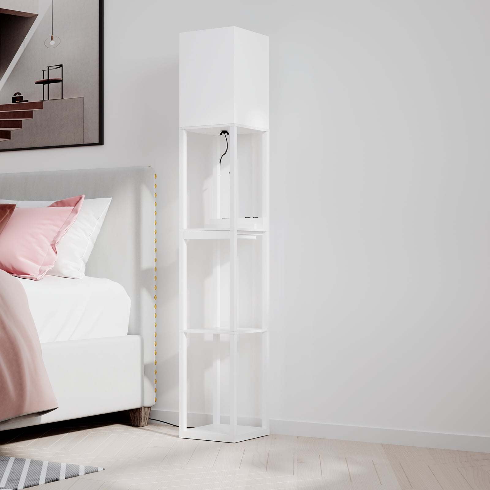 SUNMORY Floor Lamp with Shelves, Modern Dimmable Solid Wood Standing Lamp with 1 Drawer & 1USB Ports &1 Type& 2 Power Outlet, 3 Color Temperatures LED Bulb, Corner Tall Bookshelf Lamp for Living Room