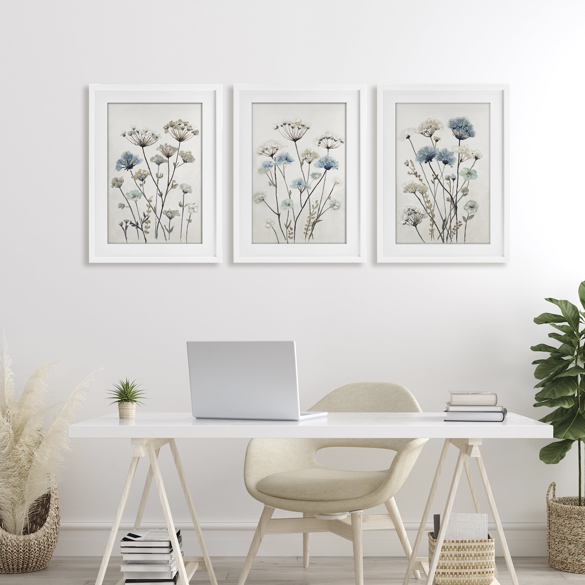 Stupell Industries Neutral & Blue Garden 3 Piece White Framed Print Under Glass Set, design by Patricia Pinto