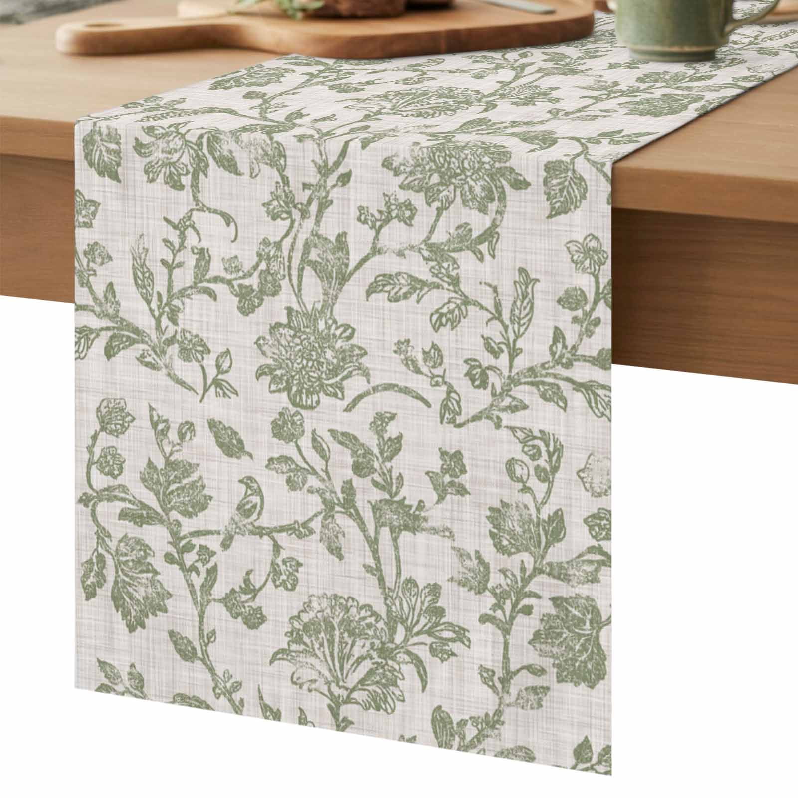 Farmhouse Sage Green Table Runner 120 Inches Long,Vintage Flower Leaf Botanical Cotton Linen Table Runners Dresser Scarves,Decorative Tabletop Scarf Furniture Cover for Home Dinner Party 13"x120"