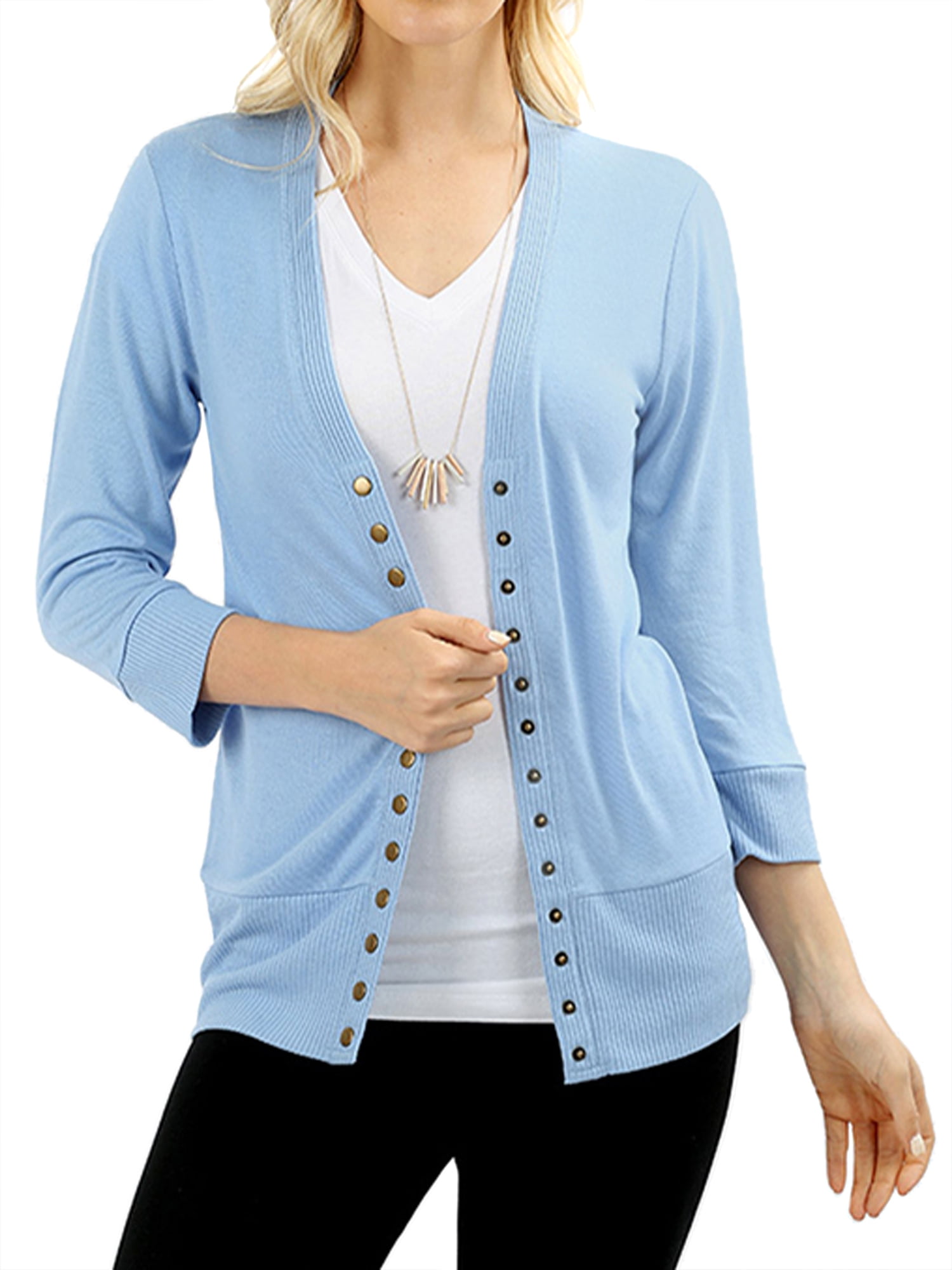 Hot Womens Classic Snap Button Front V-Neck 3/4 Sleeve Knit Cardigan Tops Blouse