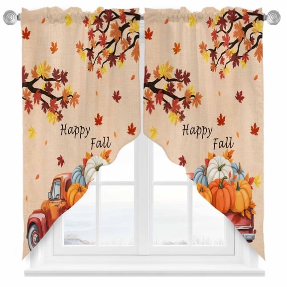 Swag Curtains Valances for Windows, Red Fall Farmhouse Truck Short Kitchen Window Curtains Over Sink, Thanksgiving Pumpkin Maple Leaf Cafe Curtains Panel Set Of 2,Rod Pocket, 36 Inches Length