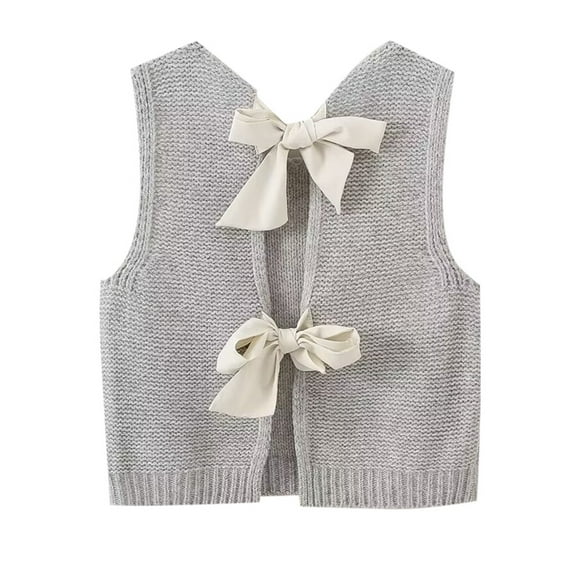 Dpytoraw Women Autumn And Winter Solid Color Casual Short Knitted Sweater Vest Top Knitted Bow Vest Vest