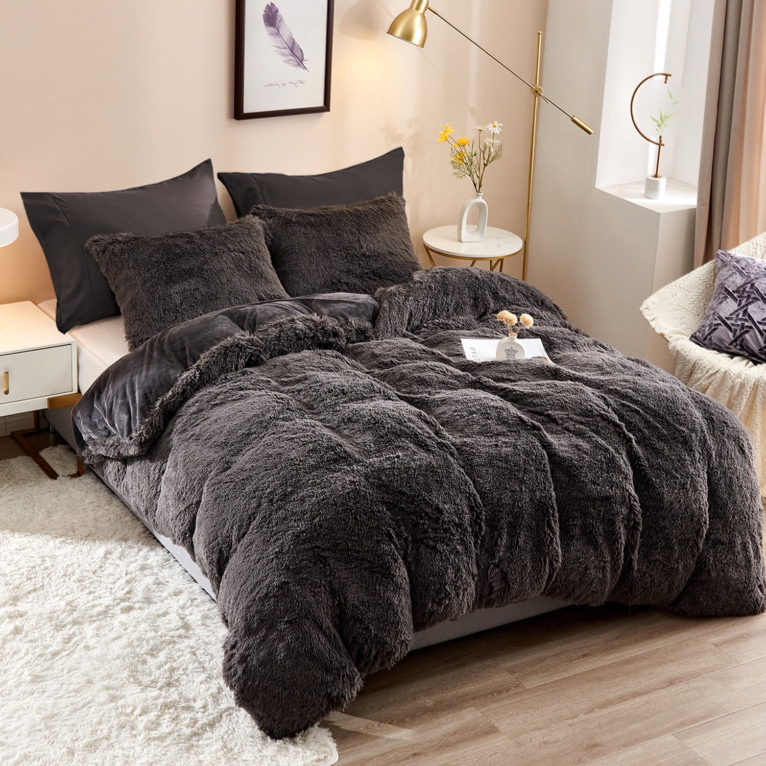 Charcoal Grey, Single Teddy Fleece Fitted Bed Sheet Warm Soft Thermal Plain Charcoal Silver Grey Single Double King Super King Bedding Bedsheet Covers.