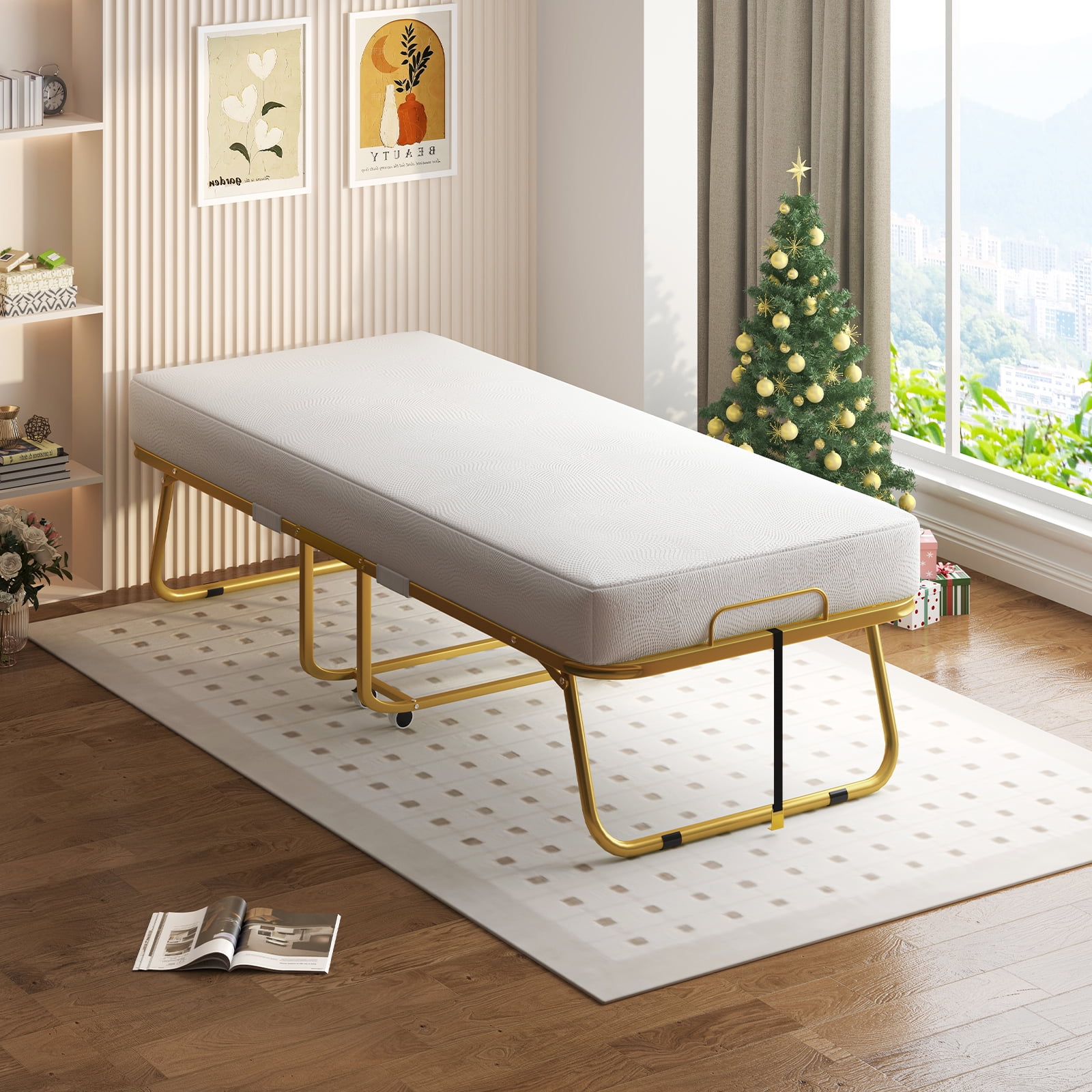 Mjkone Folding Bed with 4 Inch High Resilience Foam Mattress,Rollaway Bed Fold Up Bed for Guests,Portable Bed with Lockable Wheels for Adults,75 x 31,Gold